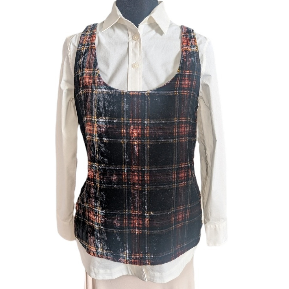 J.Crew Dark Academia Red & Black Tartan Plaid Crush Velvet Blouse